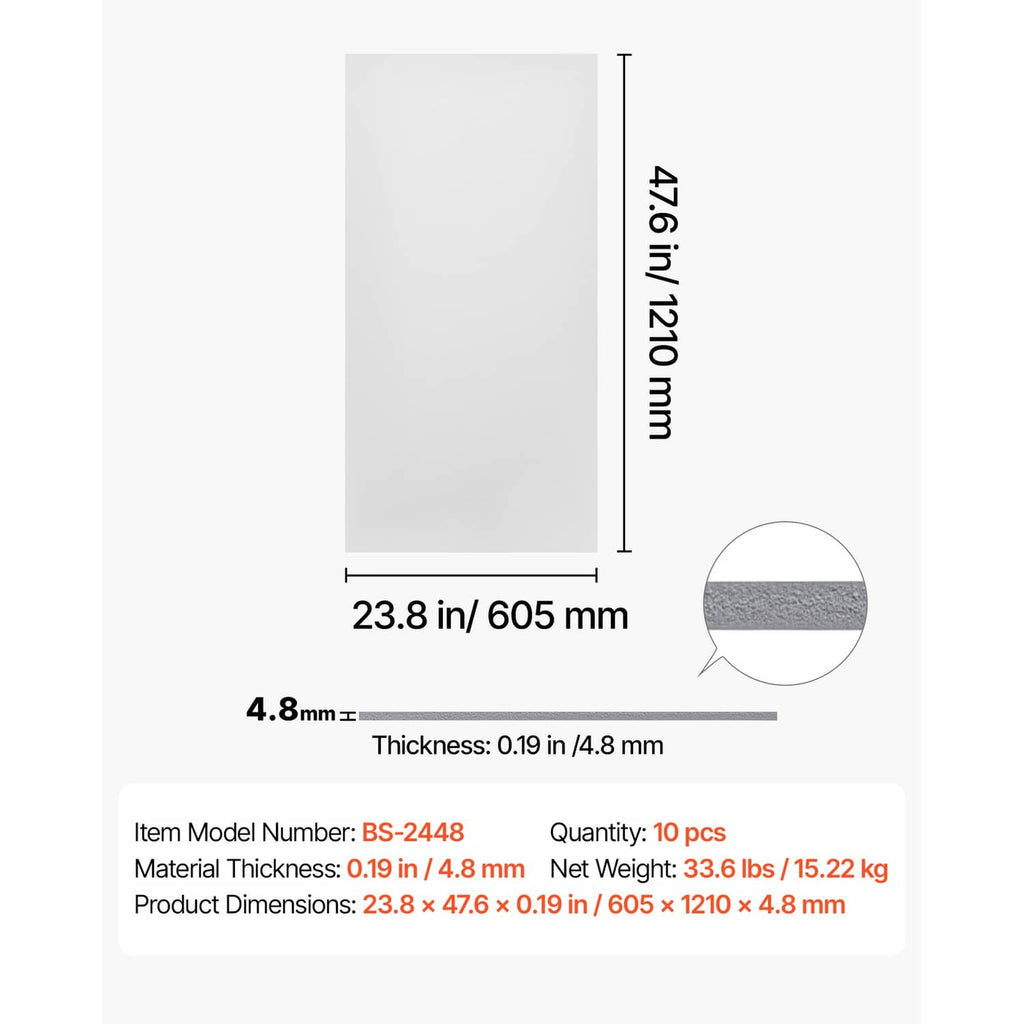 White drop ceiling tile panel, 23.8 x 47.6 in, 4.8 mm thick.