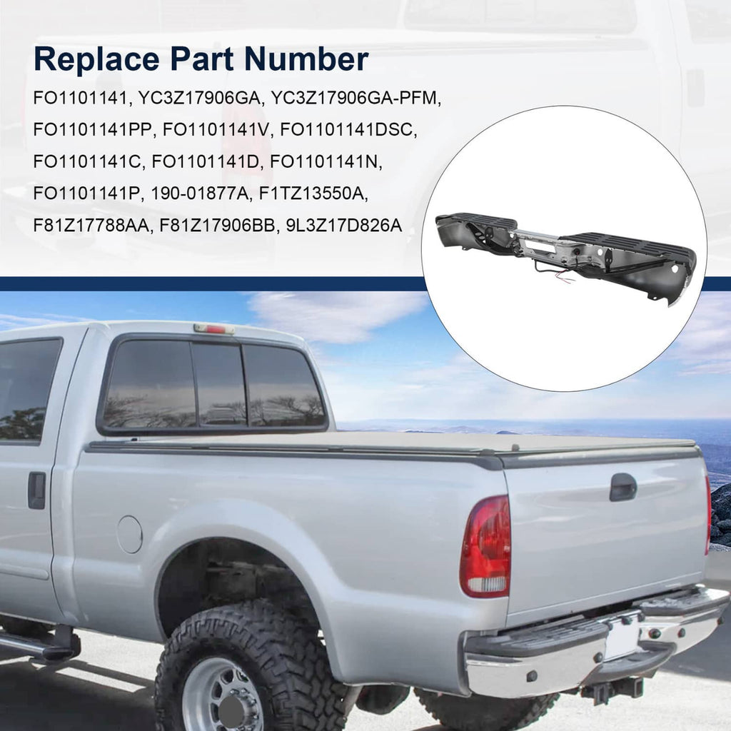 Rear step bumper replacement kit with chrome housing, black step insert, and wiring connectors