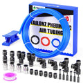 Blue PU air tubing coil with accessory connectors in a packaged kit