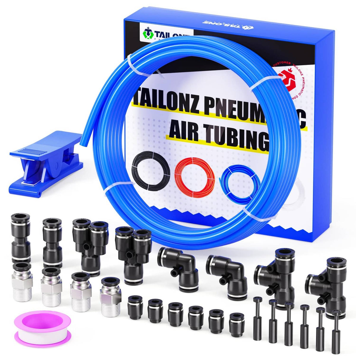 Blue PU air tubing coil with accessory connectors in a packaged kit