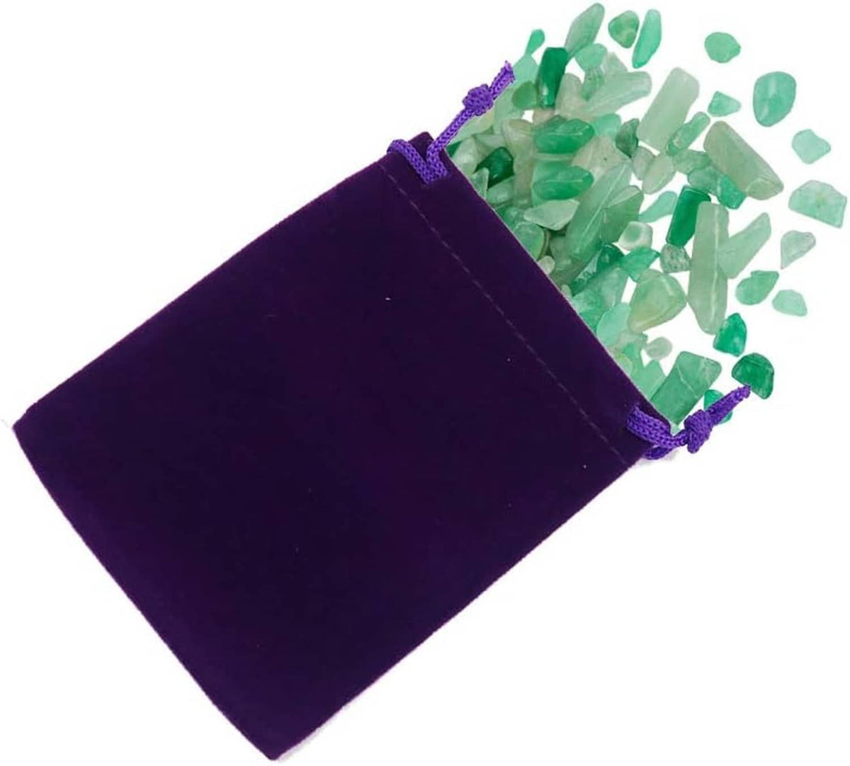 Purple velvet drawstring pouch with green glass stones inside