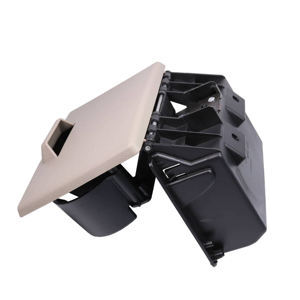 Opened dashboard cup holder with stone gray lid, twin cup wells, black mounting bracket