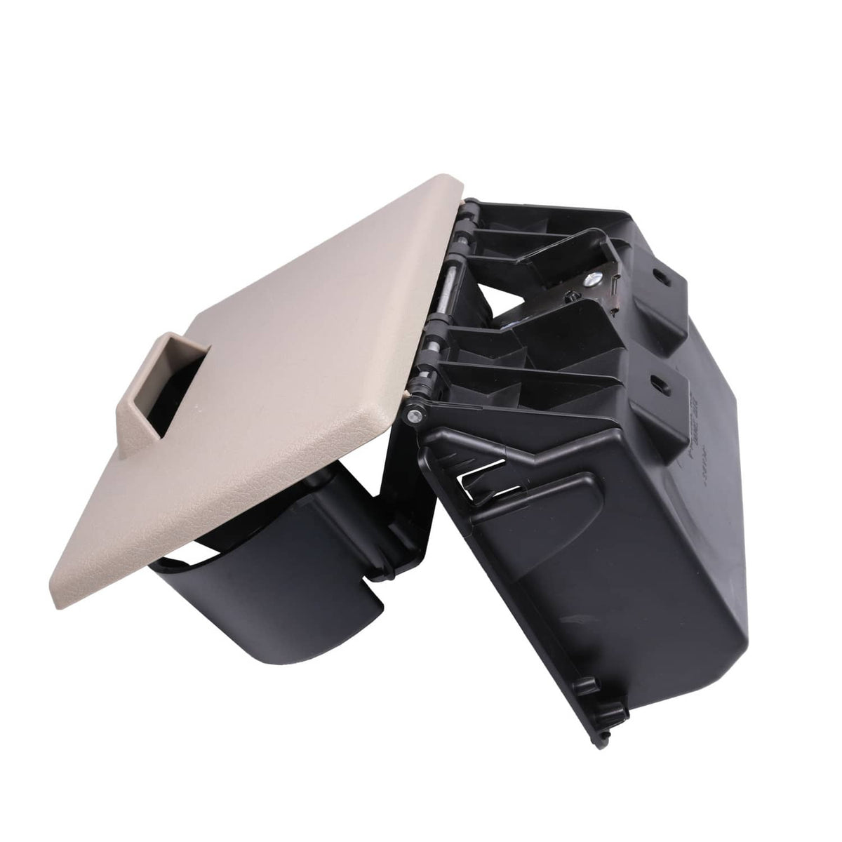 Opened dashboard cup holder with stone gray lid, twin cup wells, black mounting bracket