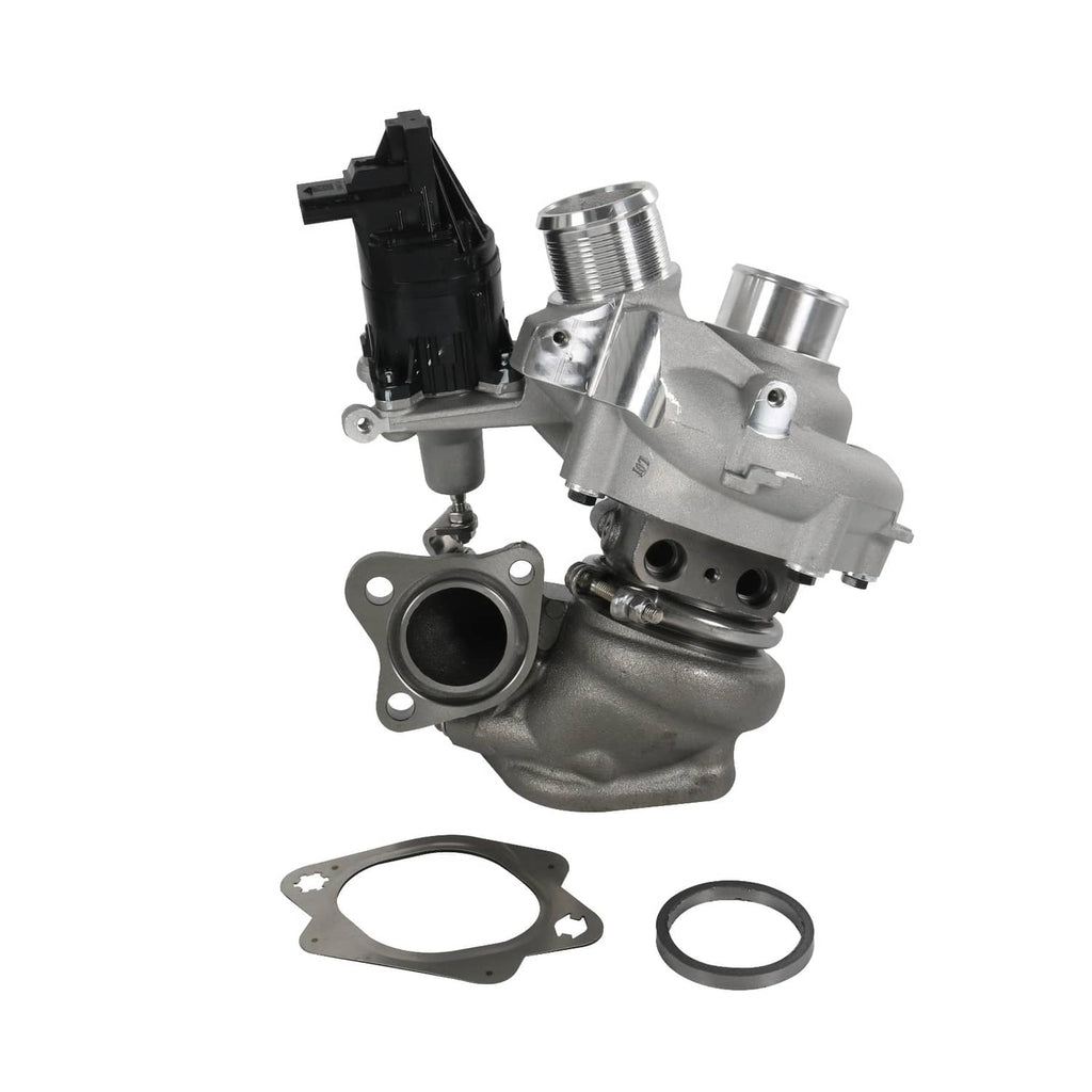 Turbocharger with silver compressor housing and black electrical module, plus gaskets