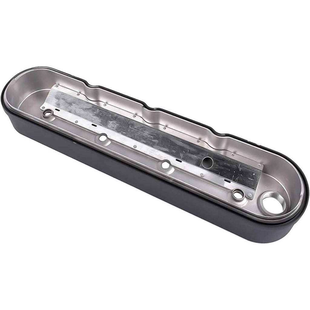 Valve cover with black exterior and exposed silver interior bracket holes