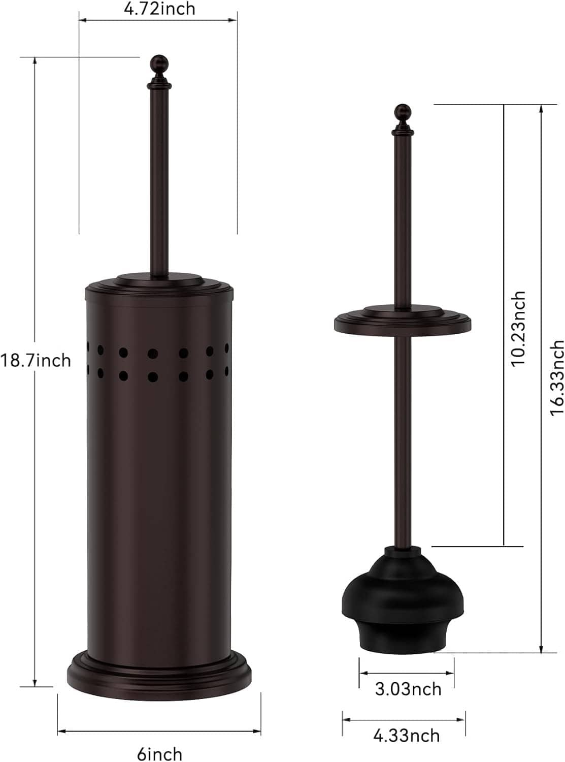 Bronze toilet plunger and holder size diagram with canister and handle