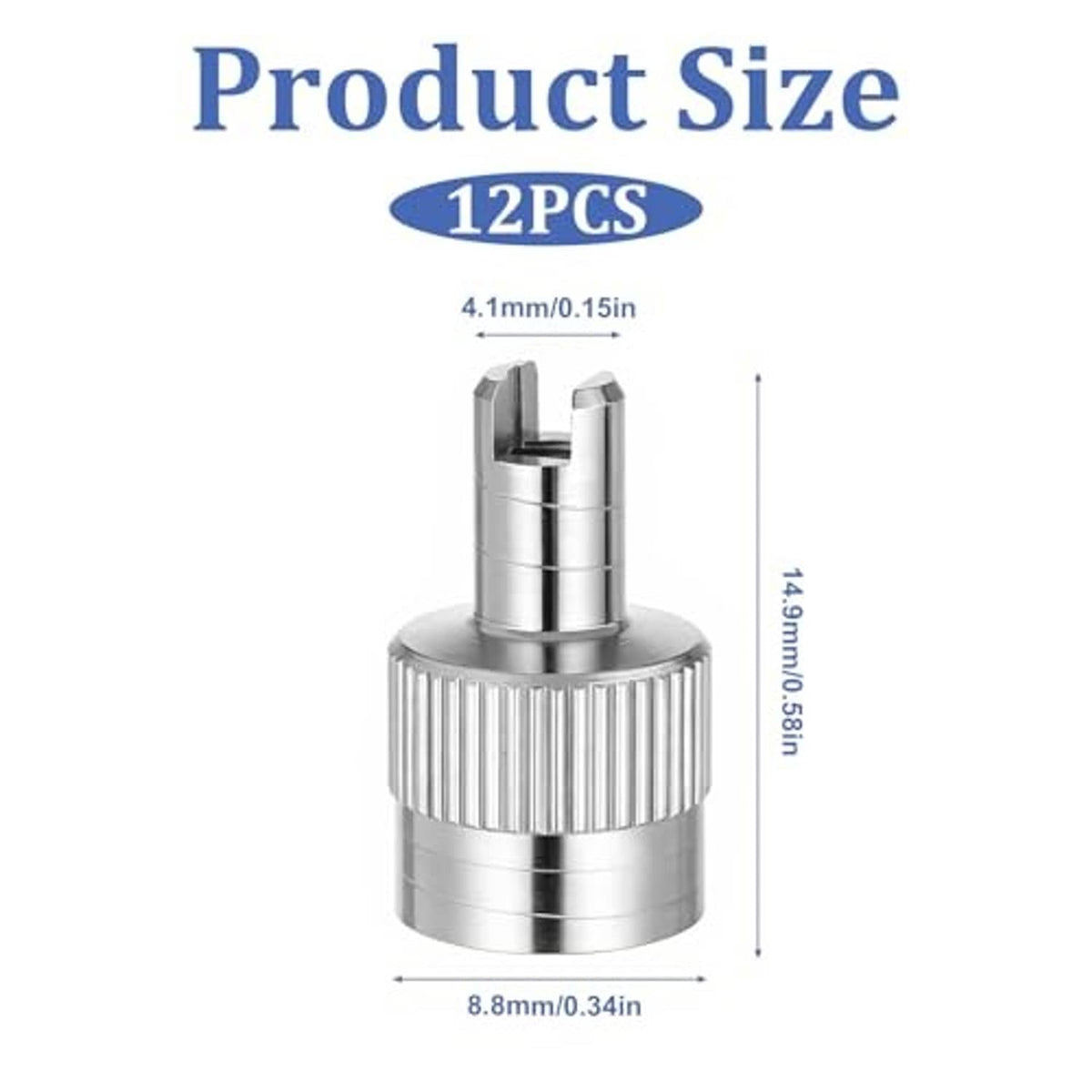 Single silver slotted tire valve stem cap with valve core, measured size