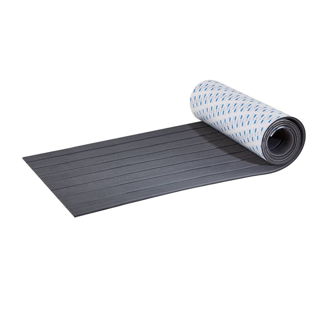 Dark gray marine deck flooring sheet unrolled flat with rolled edge backing