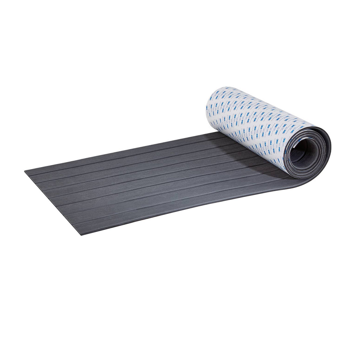 Dark gray marine deck flooring sheet unrolled flat with rolled edge backing