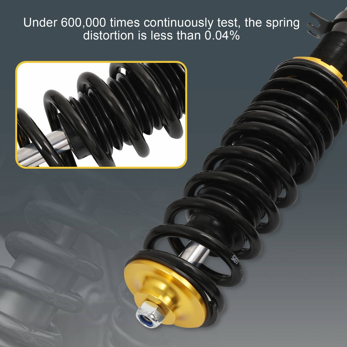 Close-up of black coil spring on gold-topped coilover shock strut with threaded body
