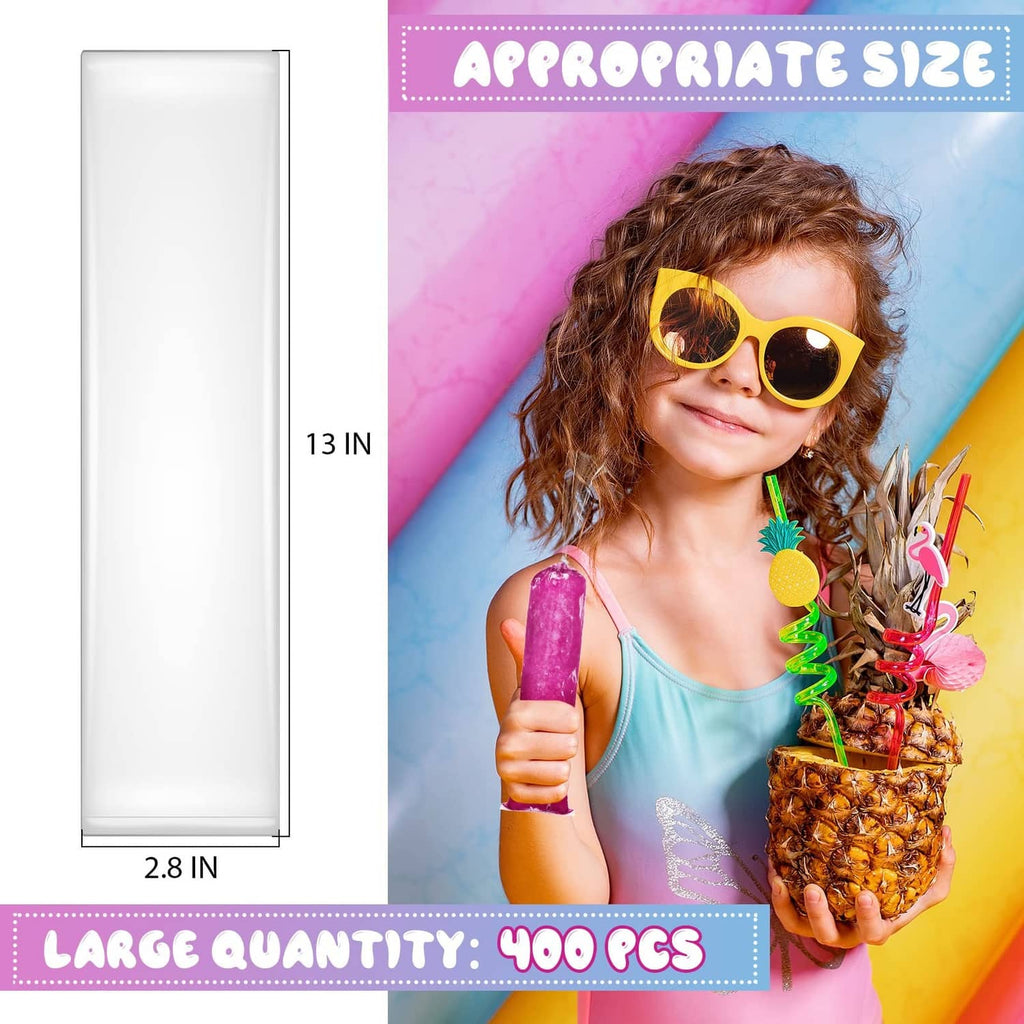 Clear disposable ice lolly mold bags showing overall size measurements