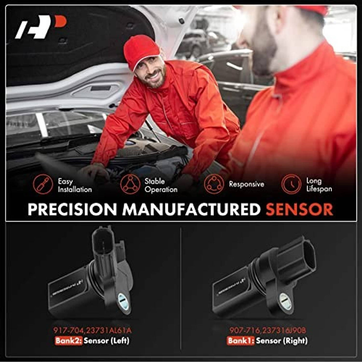 Black camshaft position sensor with silver sensor face and mounting bracket