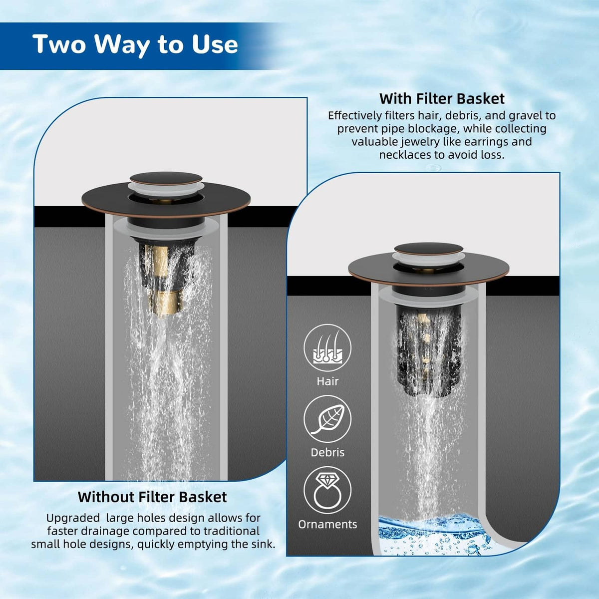 Bathroom sink pop-up drain strainer with black cap and filter basket for hair and debris
