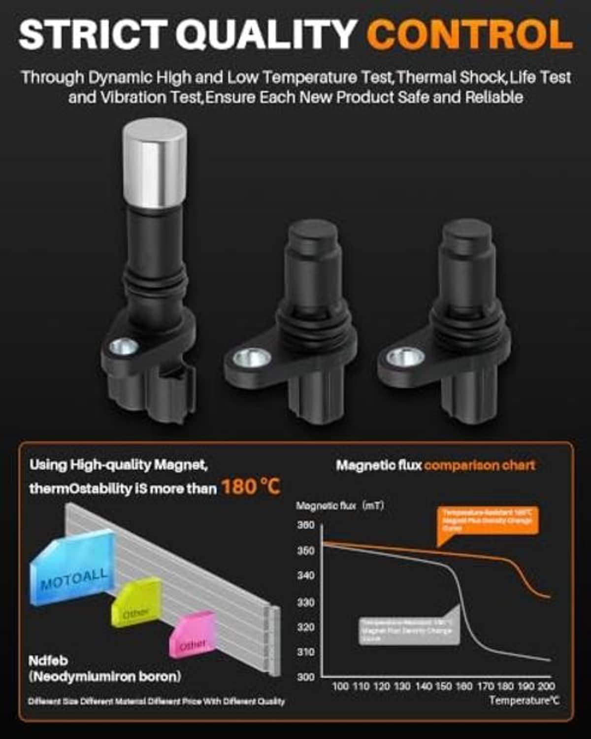 Engine position sensor with black housing and silver metal end, shown with test-info graphic