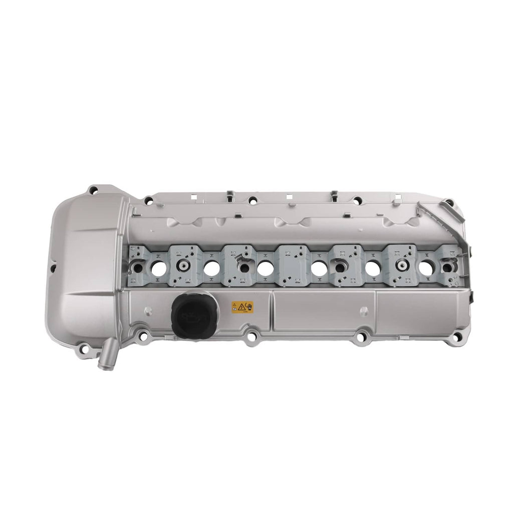 Light gray aluminum valve cover with molded channels and multiple bolt holes