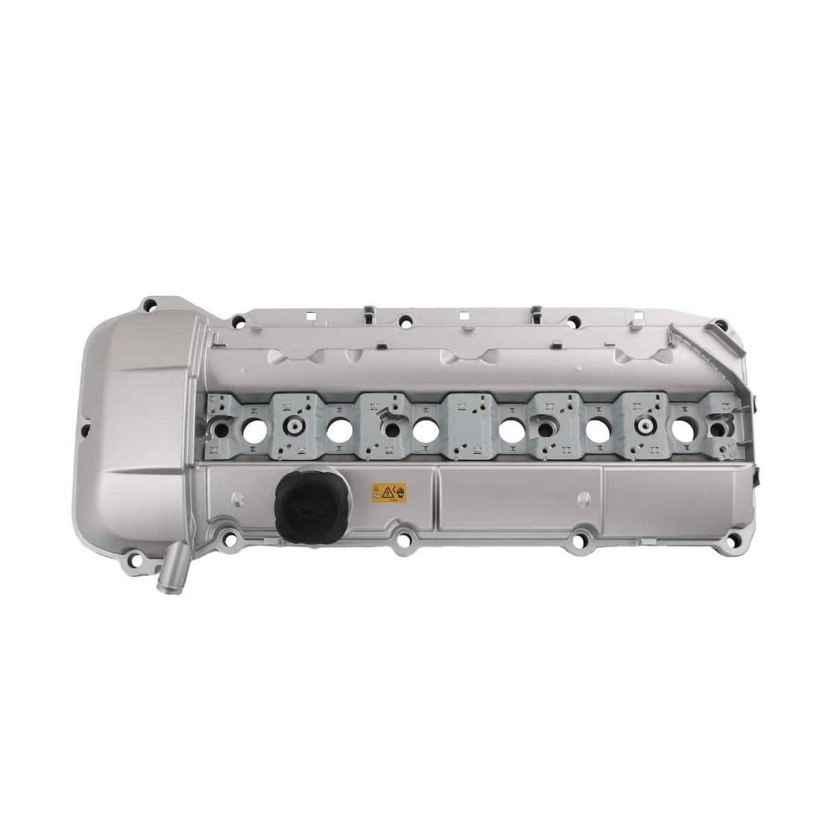 Light gray aluminum valve cover with molded channels and multiple bolt holes