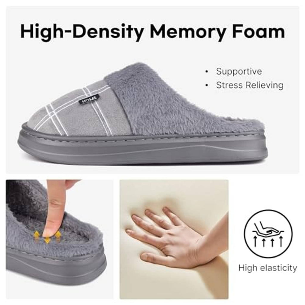 Grey plush house slippers with wide strap and plaid panel, cushioned sole