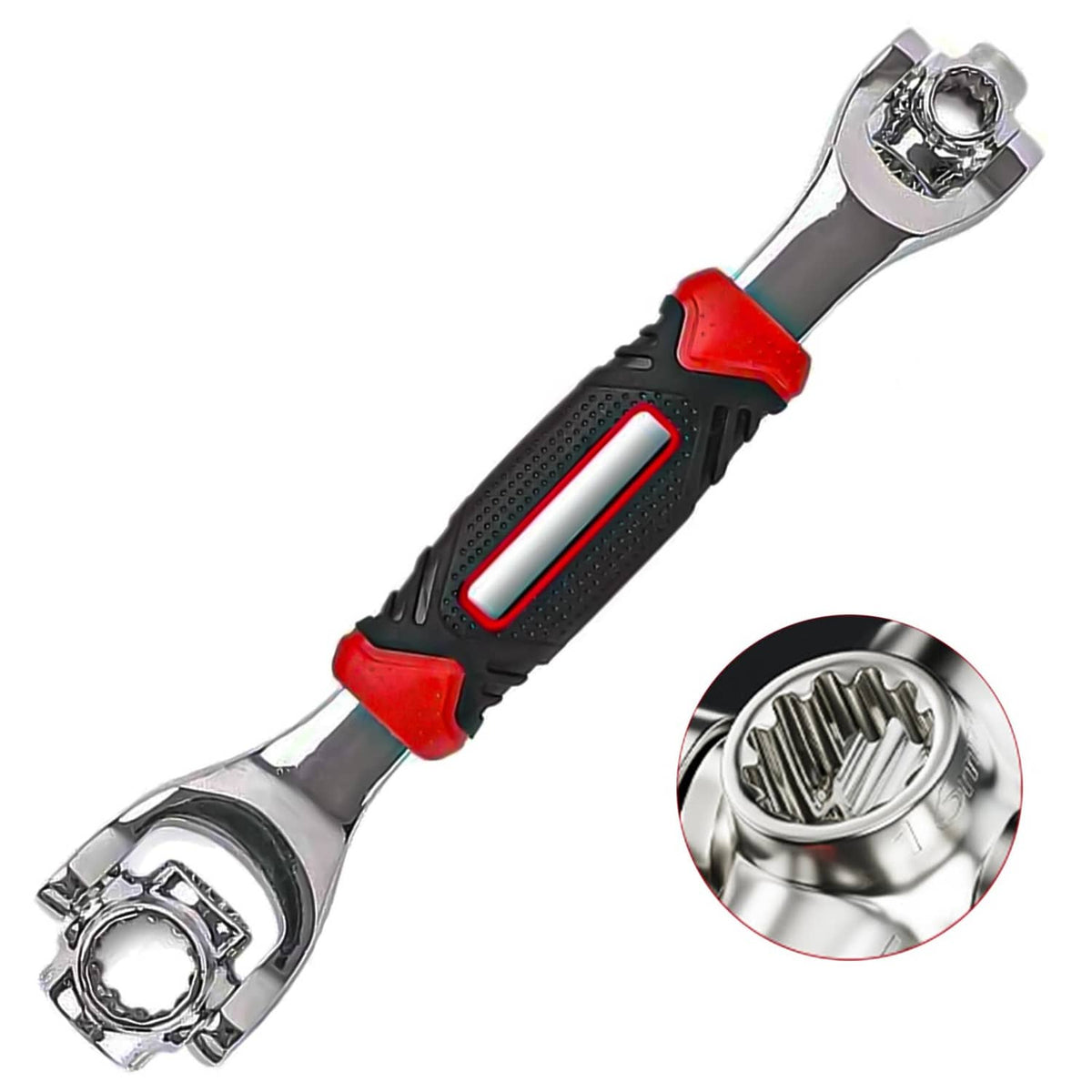 Universal socket wrench with chrome heads and red-and-black non slip handle grip