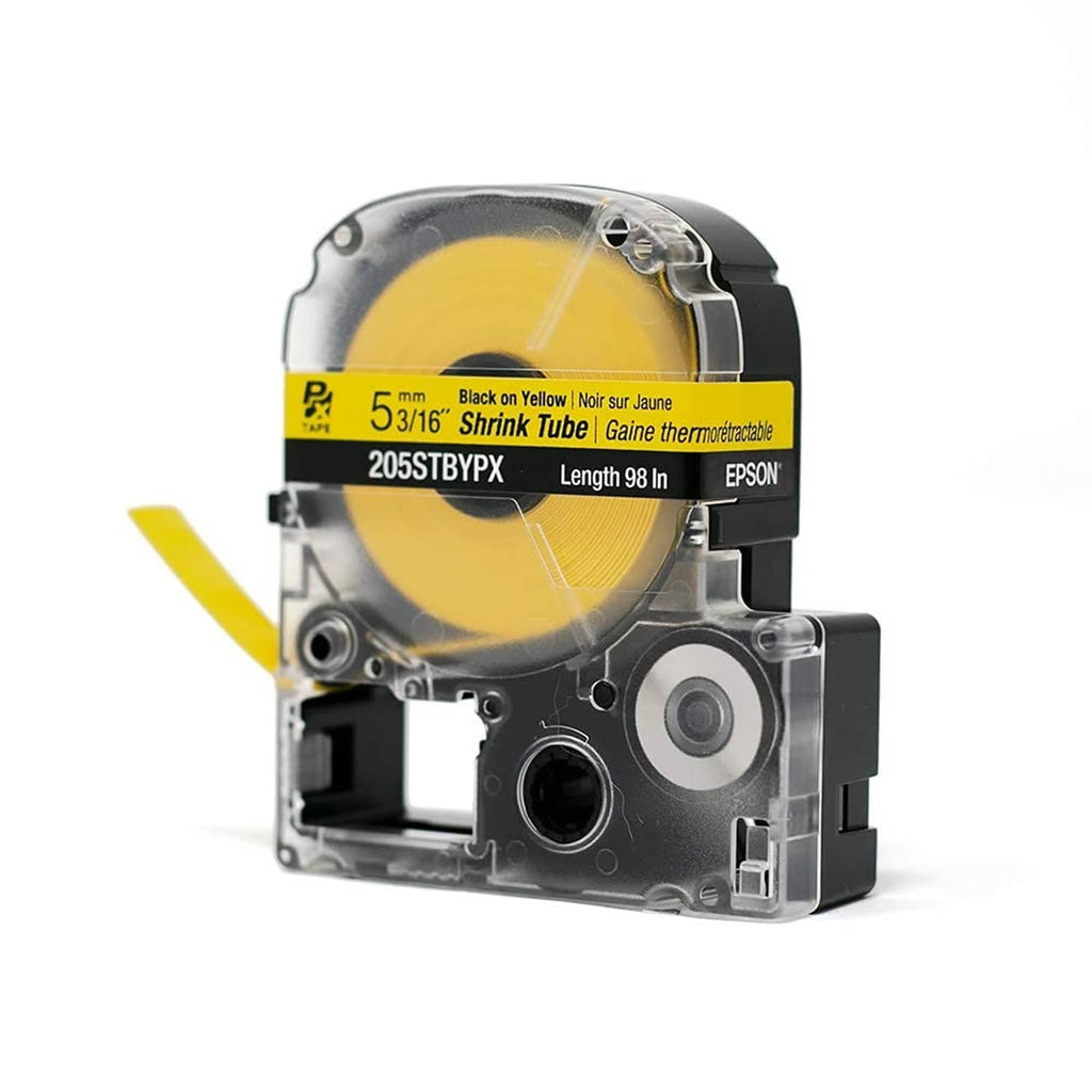 Heat shrink tube tape cartridge close-up with black on yellow 5/16 in tape