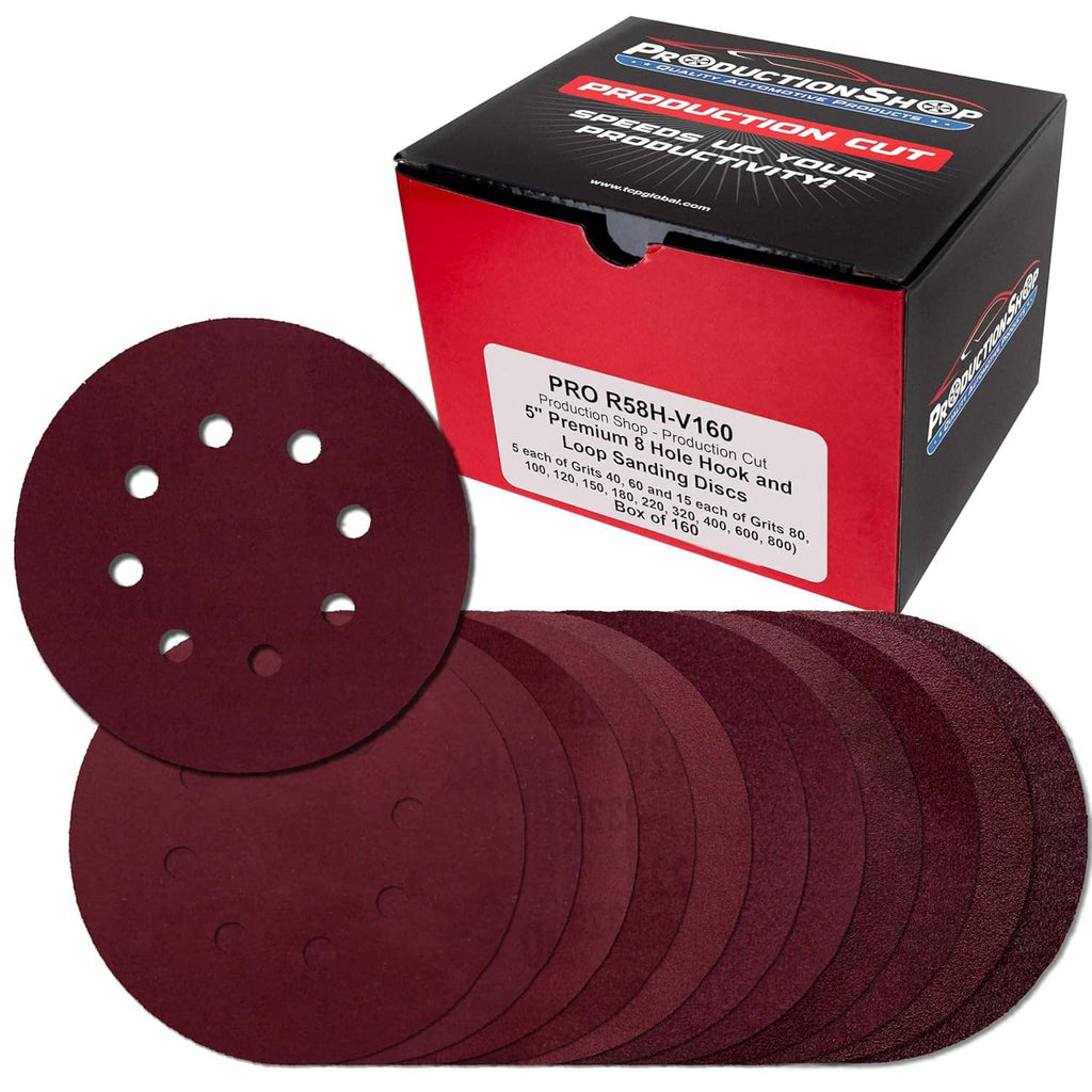 Boxed 5-inch red 8-hole sanding disc assortment with stacked discs in front