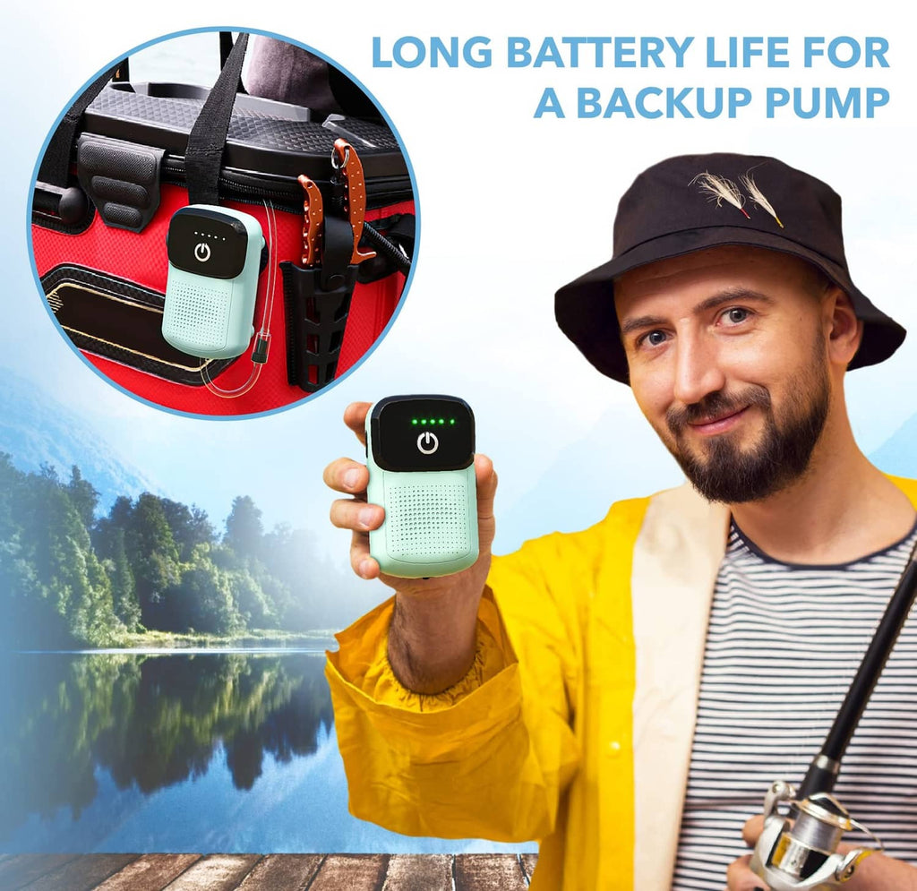 Rechargeable aquarium air pump with mint body and black power button
