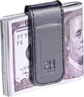 Grey genuine leather magnetic money clip with EH logo, holding folded US bills