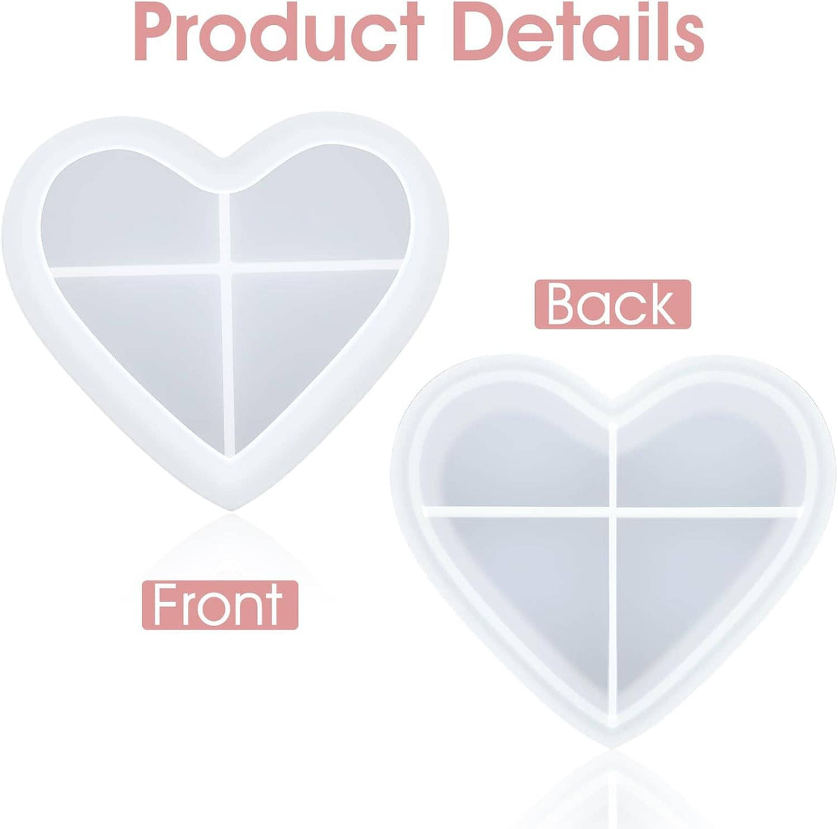 Heart resin mold pair showing front and back heart cavities with cross divider