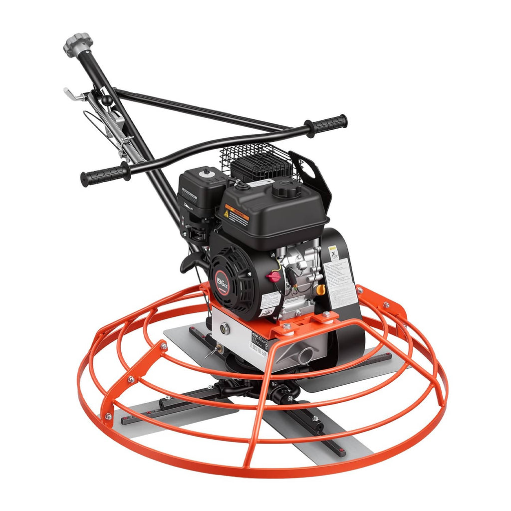 Gas-powered concrete trowel with orange blade base, black handle and engine