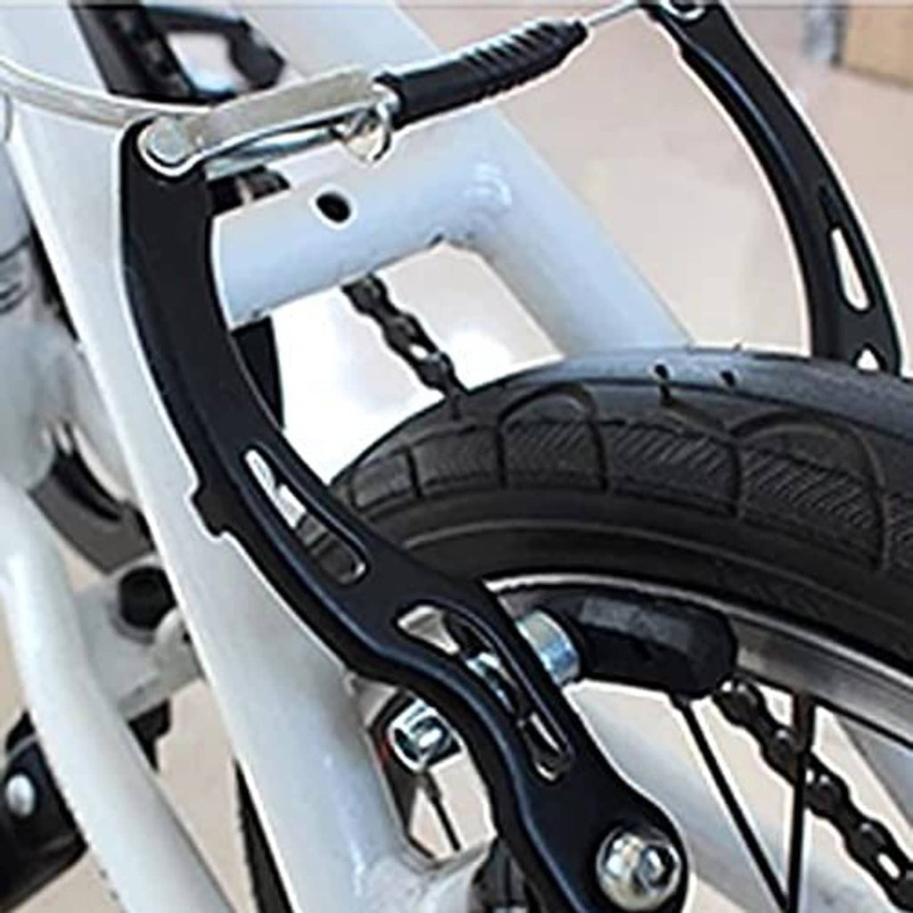 Close-up bicycle rim brake caliper on frame with black arms and silver hardware