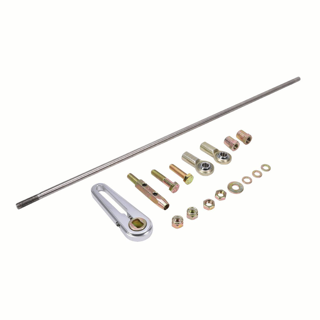Universal adjustable column shift linkage kit with long rod and mounting hardware