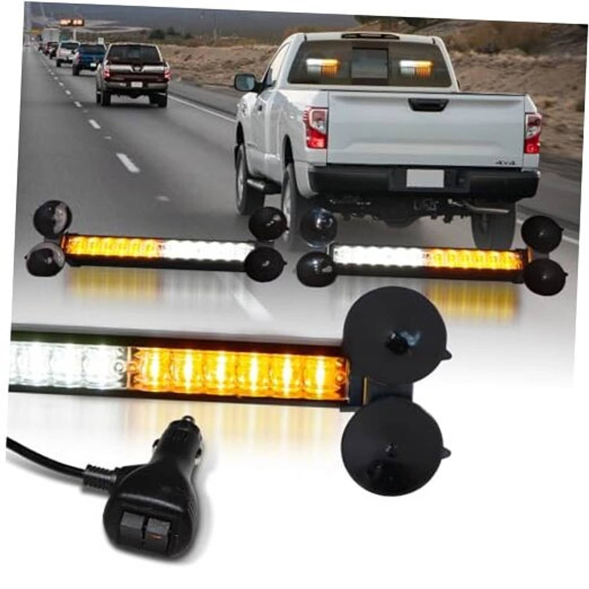 LED emergency strobe light bar with amber bars and black round mounting bases