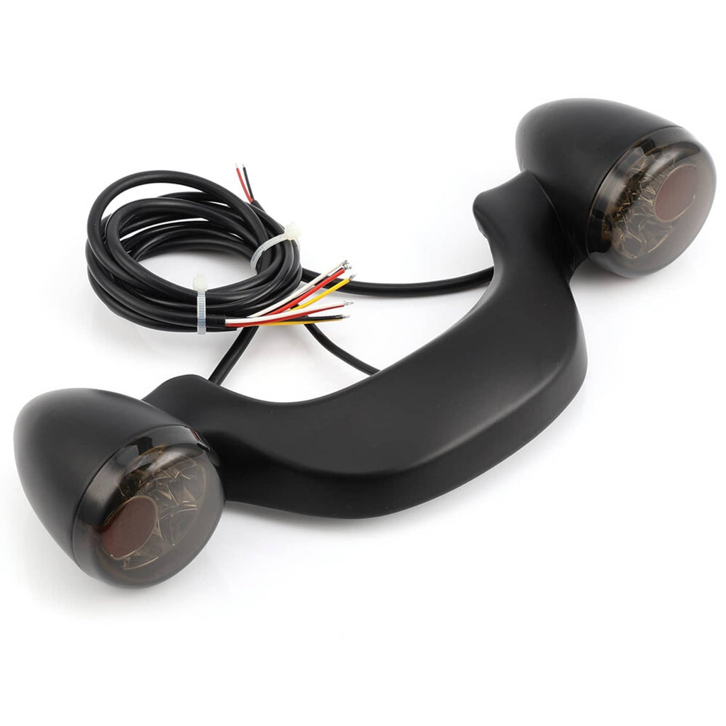 Black rear light bar with two round lamps, smoked lenses, and multi-wire harness