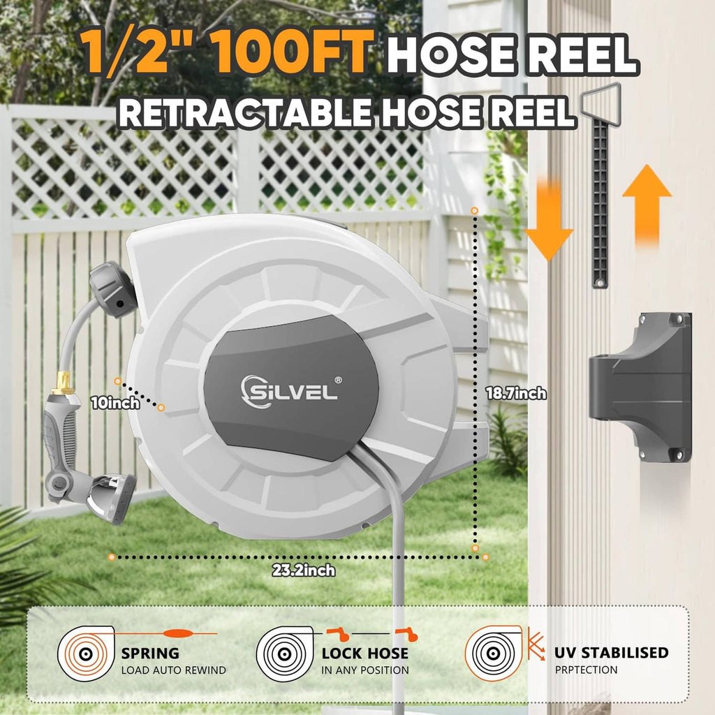 Light grey retractable hose reel with wall mount bracket and connected hose