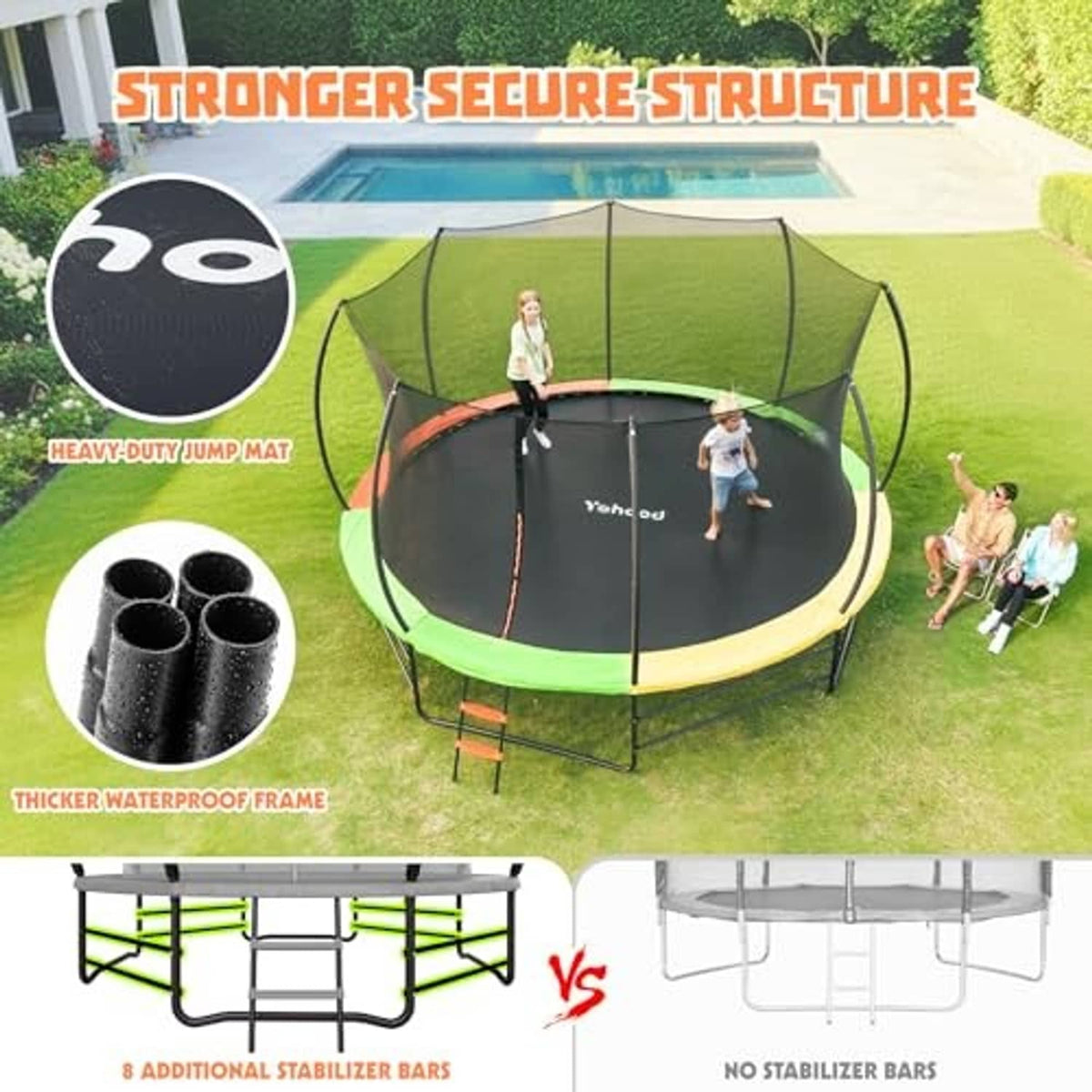 Outdoor trampoline with enclosure, green frame base, and dark jump mat on grass yard