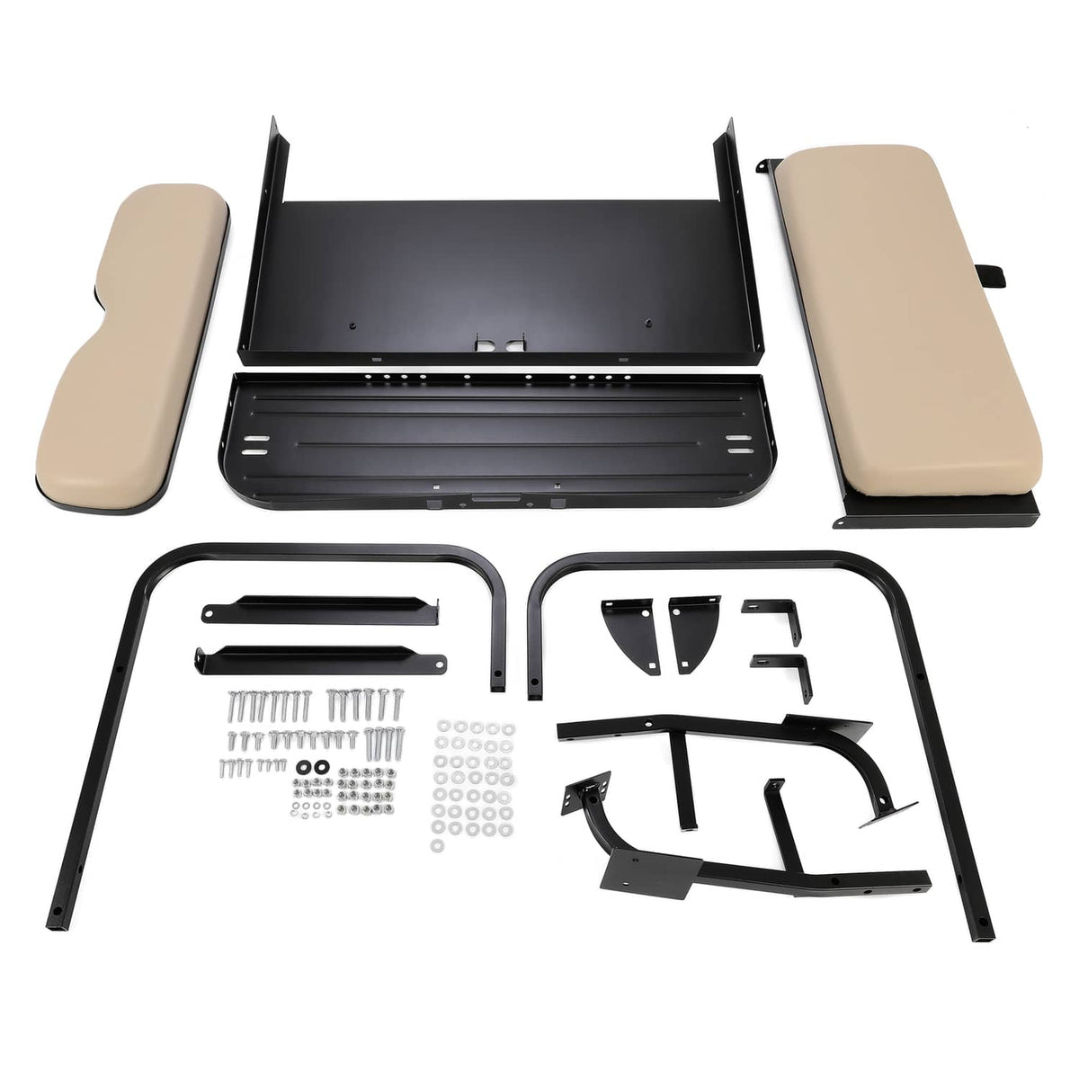 Tan seat cushions and black mounting base with hardware kit pieces included