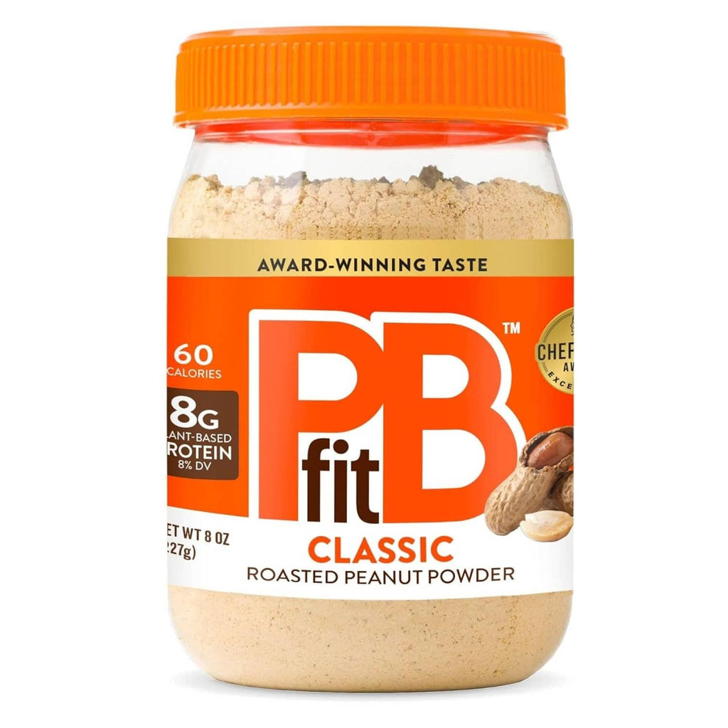 Roasted peanut butter powder jar with orange cap and beige label