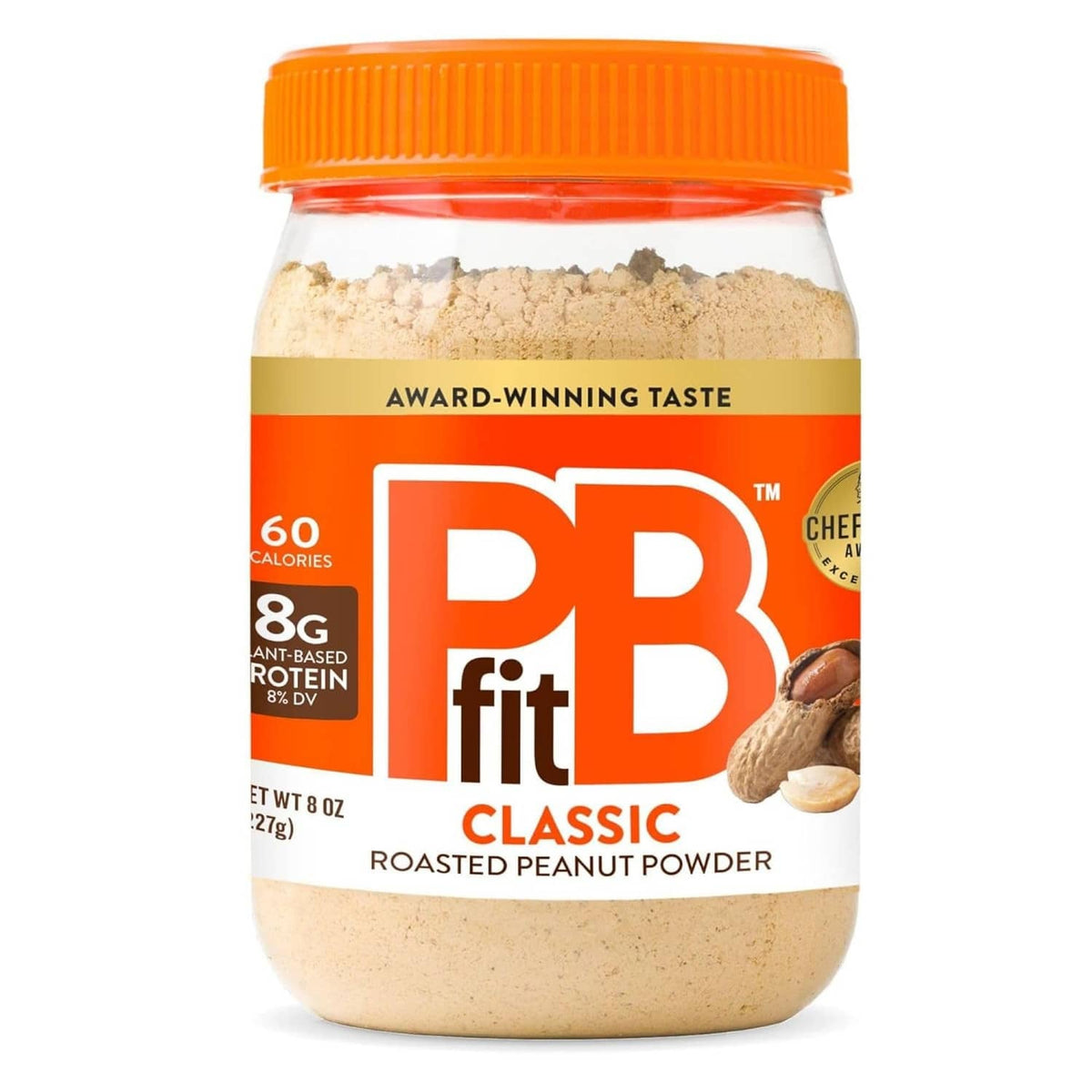 Roasted peanut butter powder jar with orange cap and beige label
