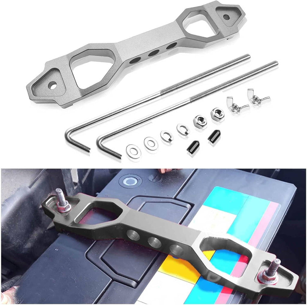 Silver aluminum car battery tie-down mount bracket bar with threaded rods and nuts