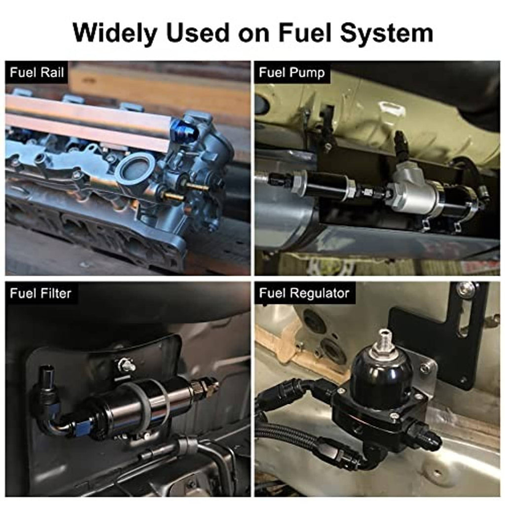 AN adapter fitting connected in fuel system setup with hoses and lines visible