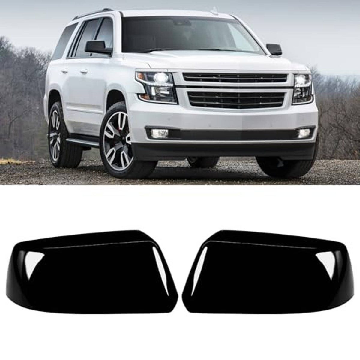 Two glossy black side mirror caps, contoured covers for mirror housings