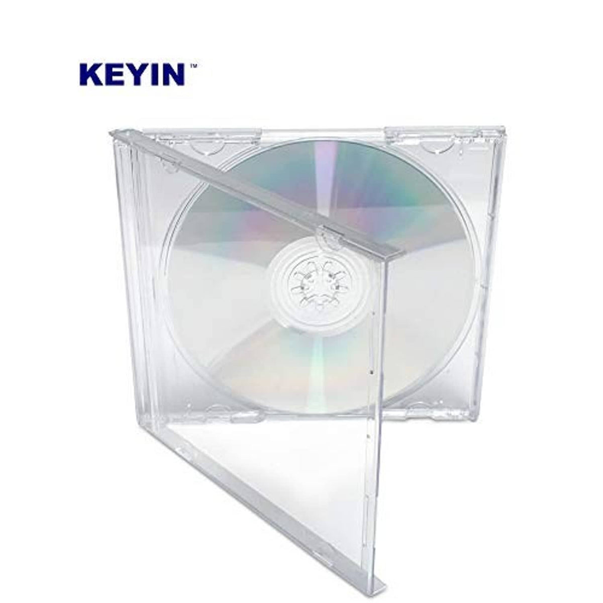 Clear CD jewel case open with iridescent disc seated on the tray and hub centerpiece.