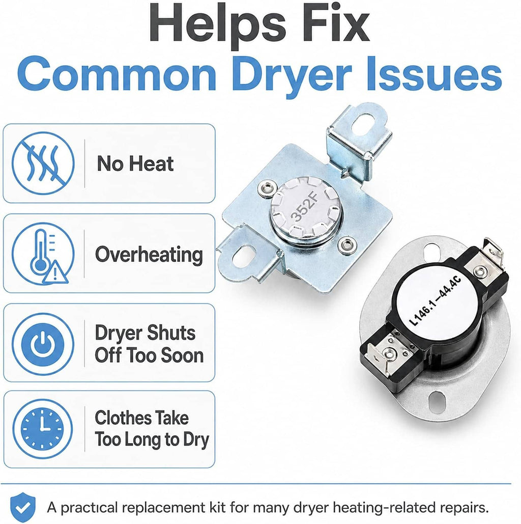 Dryer thermal cut-off fuse kit infographic showing two replacement thermostats for no-heat issues