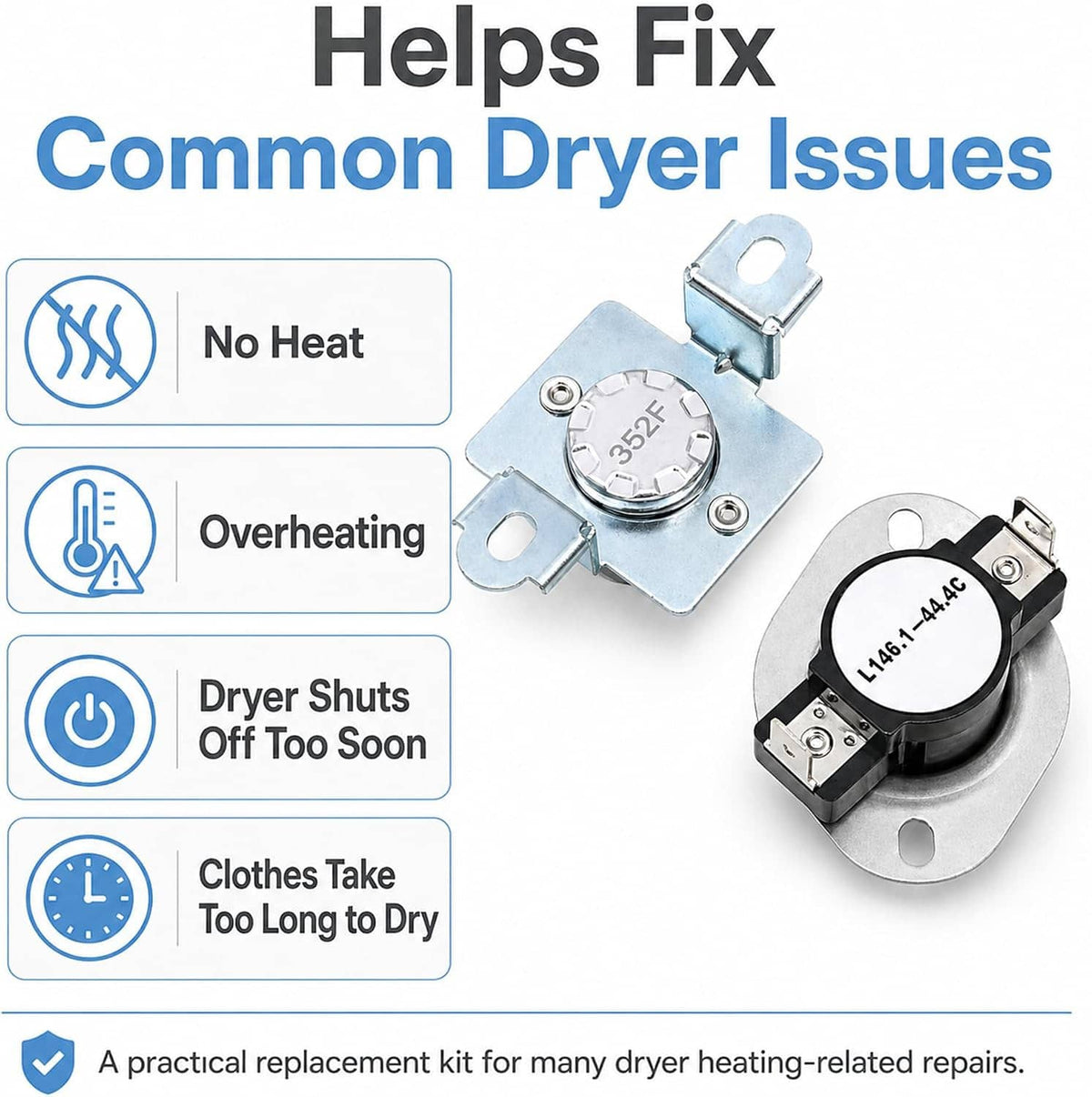 Dryer thermal cut-off fuse kit infographic showing two replacement thermostats for no-heat issues
