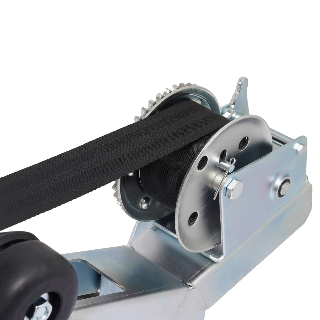 Boat trailer winch roller stand with black strap and metal mounting plate
