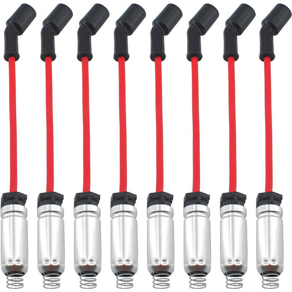 Group of 8 spark plug wires with red cables, black boots, and clear chrome connectors.