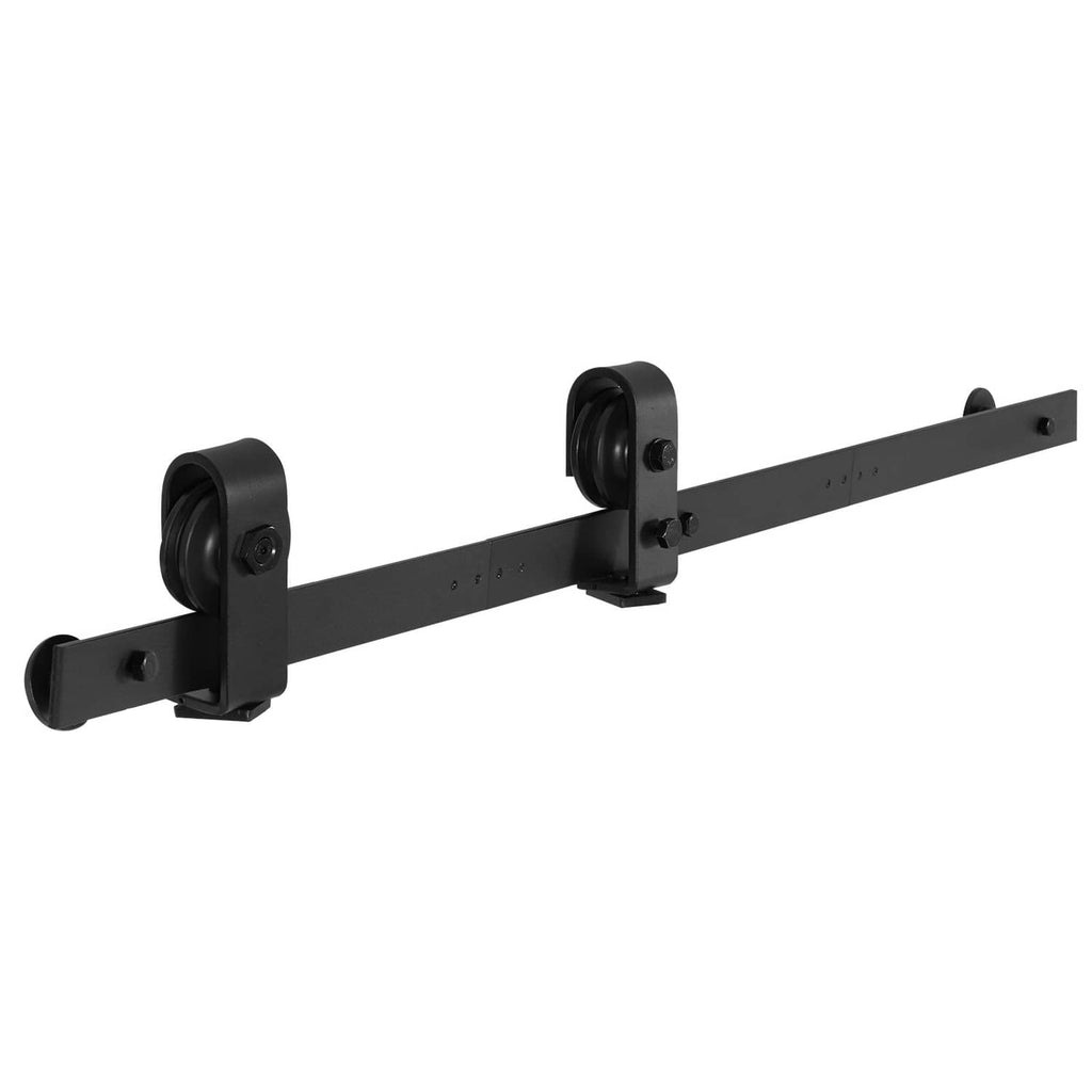 Black barn door track kit with two end rollers and wall-mount brackets