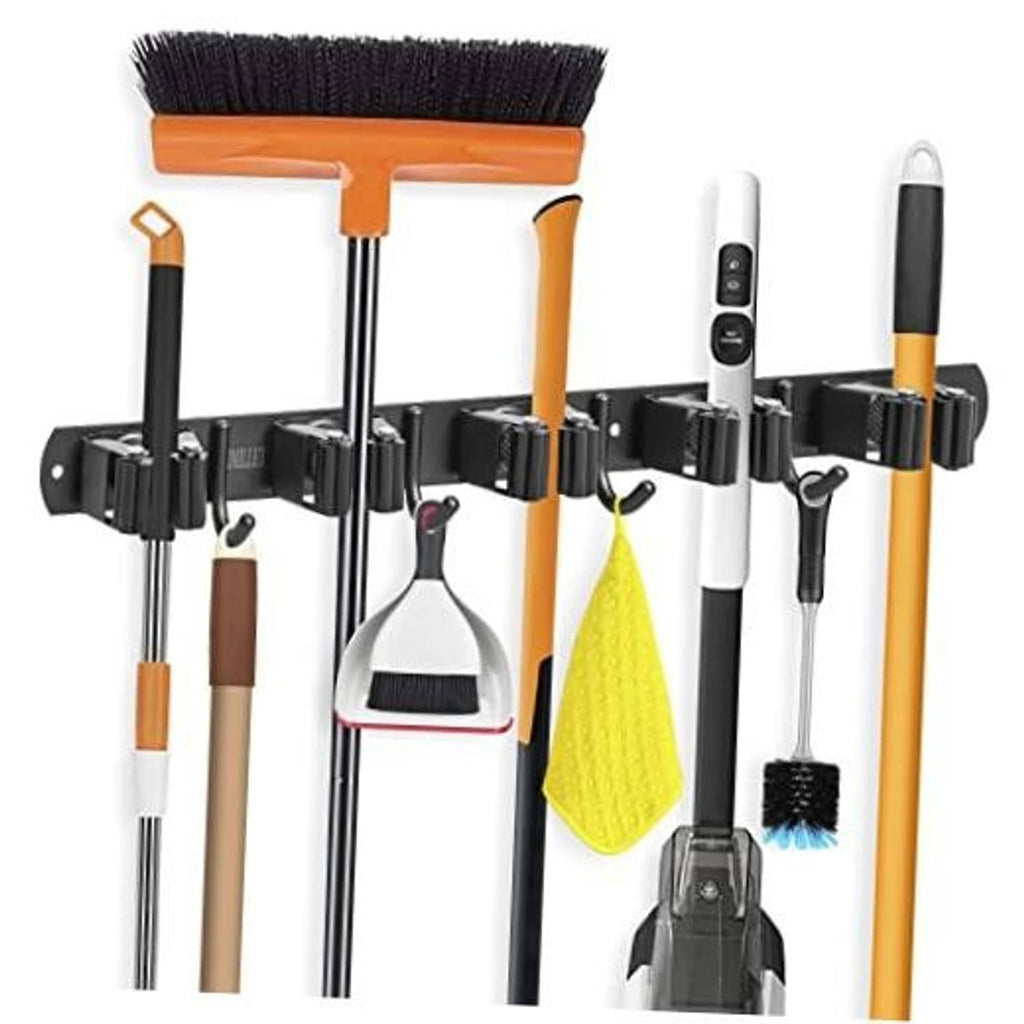 Wall-mount broom holder with black bracket, 5 racks and 4 hooks for tools
