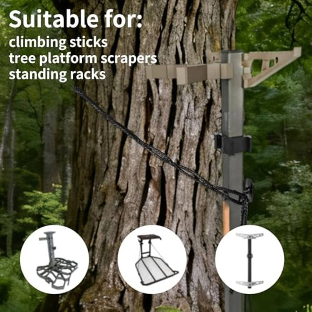 Climbing stabilizer rope strap shown on a tree trunk with mounting bracket