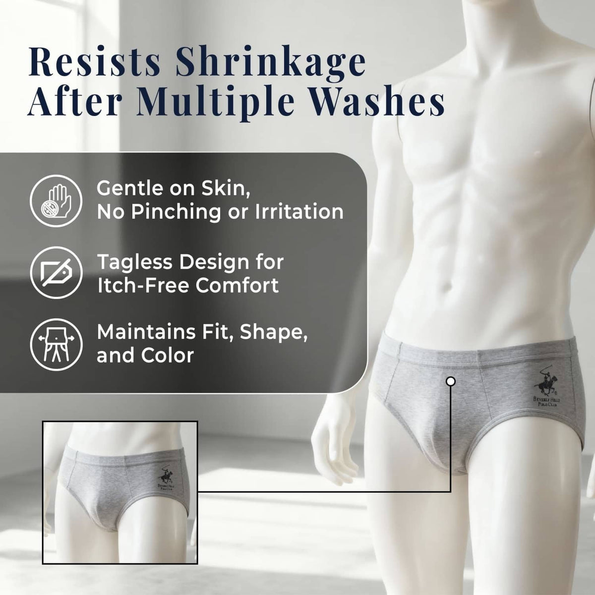 Men's low-rise cotton briefs in light gray on a mannequin