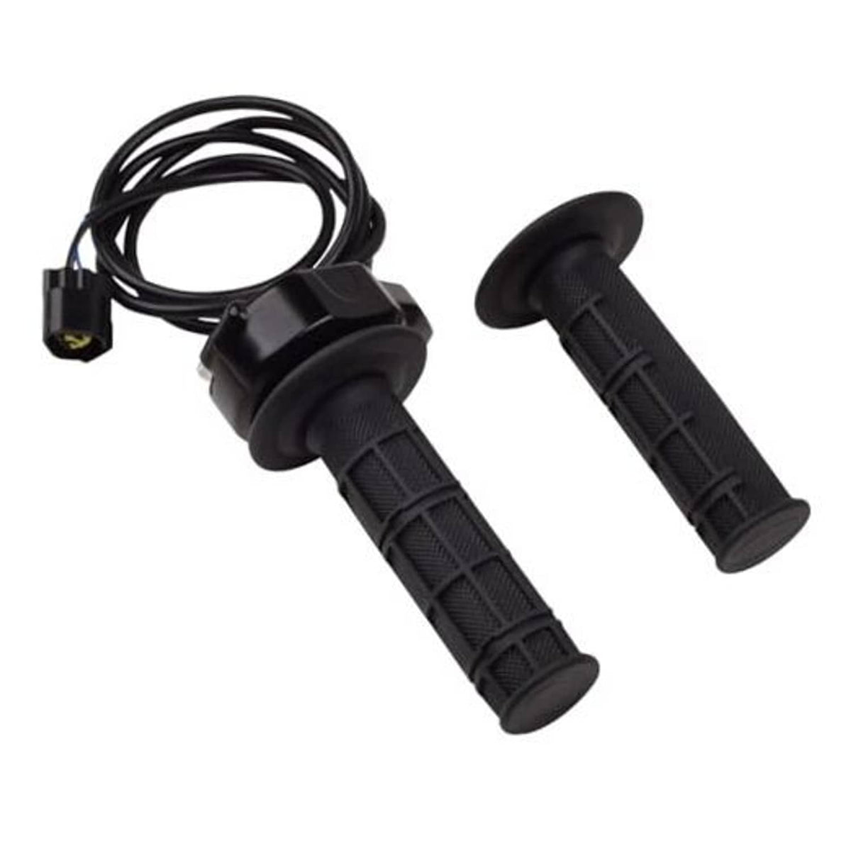 Black rubber throttle handlebar grips with cable and handle mount, pair set